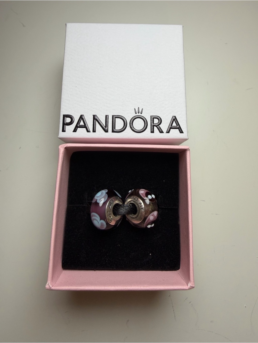 Pandora Purple Pink Floral Murano Glass Charm Pair - Picture 2 of 5